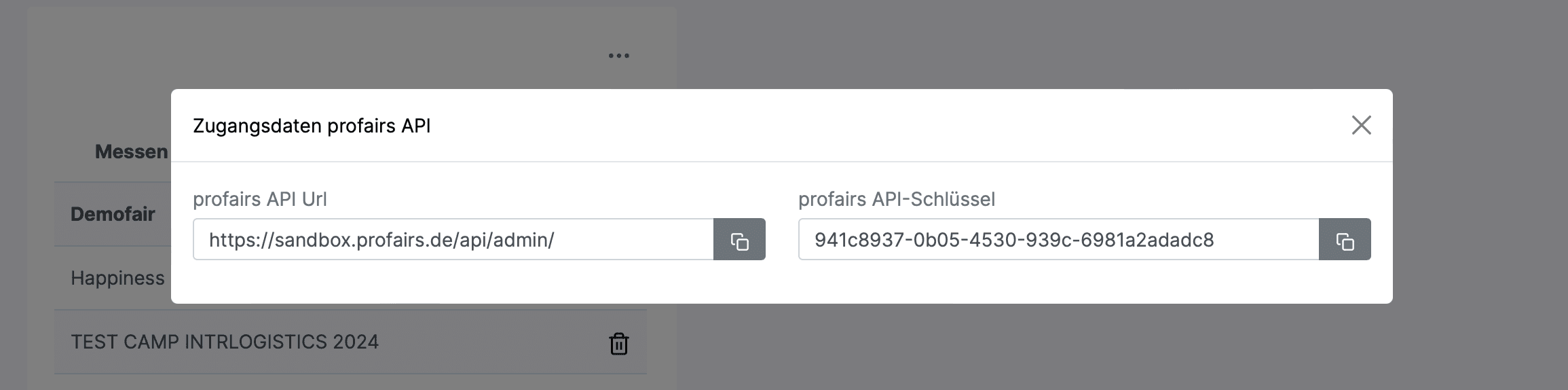 profairs API Daten in der Messeverwaltung einsehen